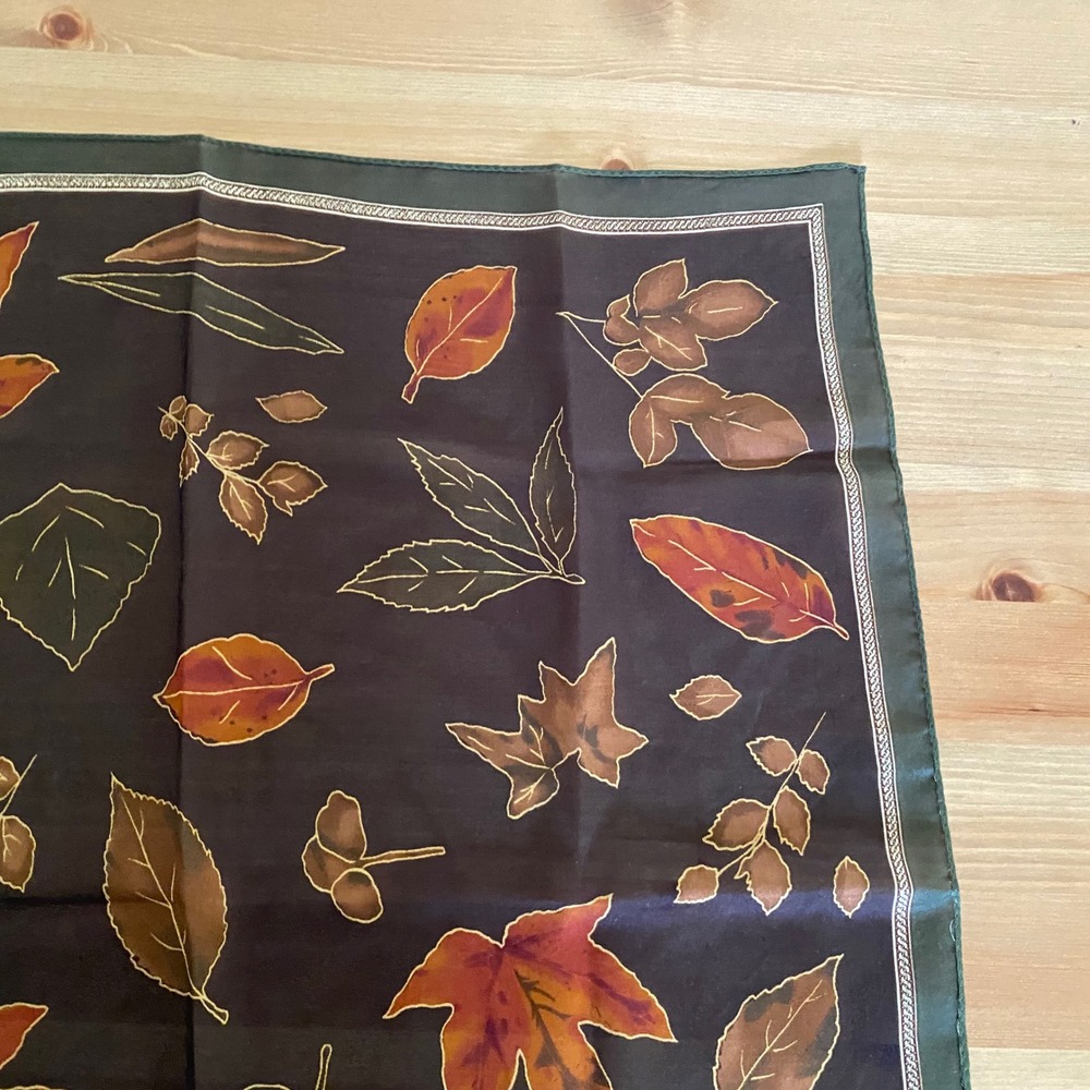 Vintage Brown Green Fall Leaf Print Square Polyester Scarf Small - Picture 9 of 12